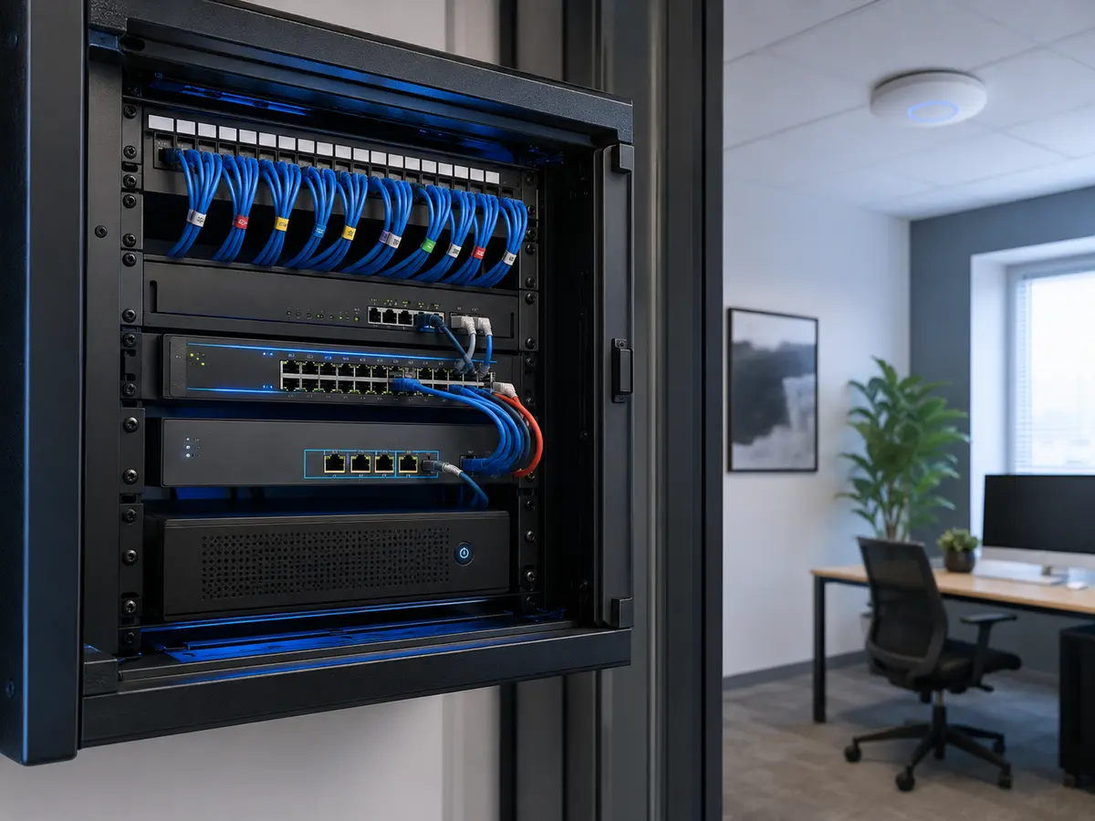 Rack empresarial com switches e cabeamento de rede organizado